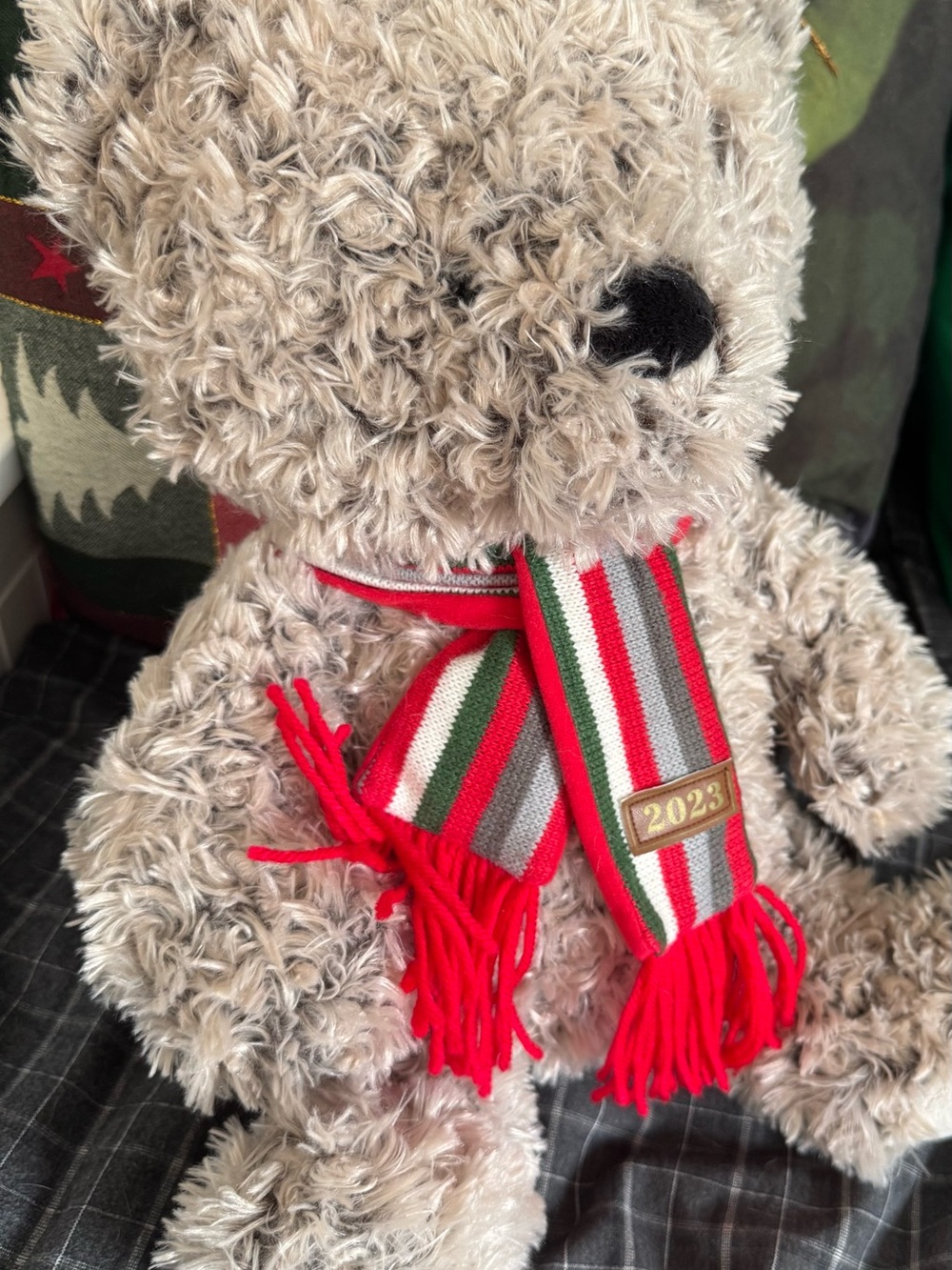 Beige Plush Teddy Bear with Red Striped Scarf - Kids Accessories